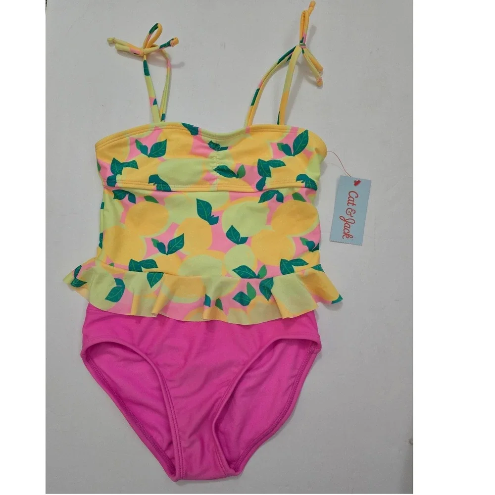 Cat & Jack Girls Lemon Print Tankini Swimsuit Set Pink Yellow Size M 8 NWT